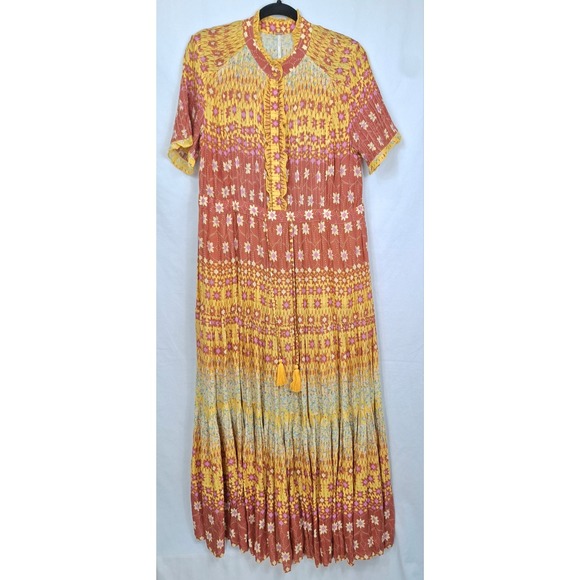 Free People Rare Feelings Printed Dress In Goldenrod Combo Ruffles Size Medium - Picture 2 of 12